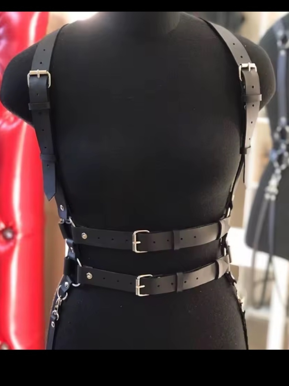 Black Leather Double Harness Suspender Belt with Metal Buckles New - Picture 3 of 8
